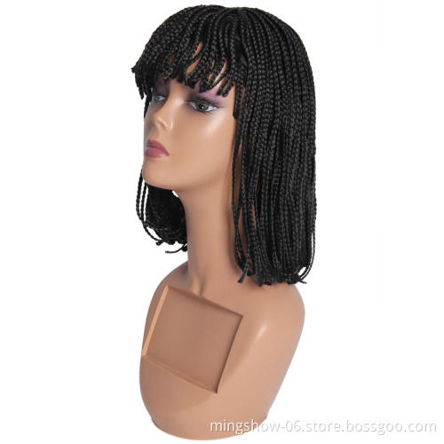 Short Bob Wig With Bangs Braided Box Braids Wig High Heat Synthetic Fiber Hair Crochet Twist Cosplay Hair For Black Women